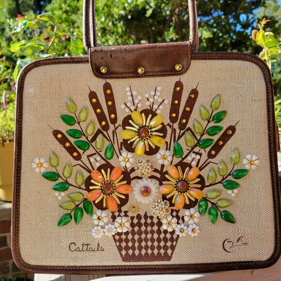 Enid Collins Cattails Bejeweled Handbag Orange Yellow White Flowers Rhinestones - Picture 1 of 16